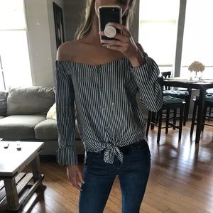 Olivaceous Chambray striped off the shoulder top